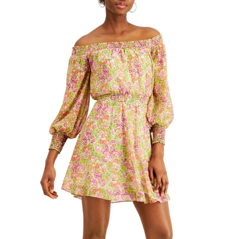 Leyden Womens Green Ruffled Smocked Floral Dolman Sleeve Off Shoulder Mini Party